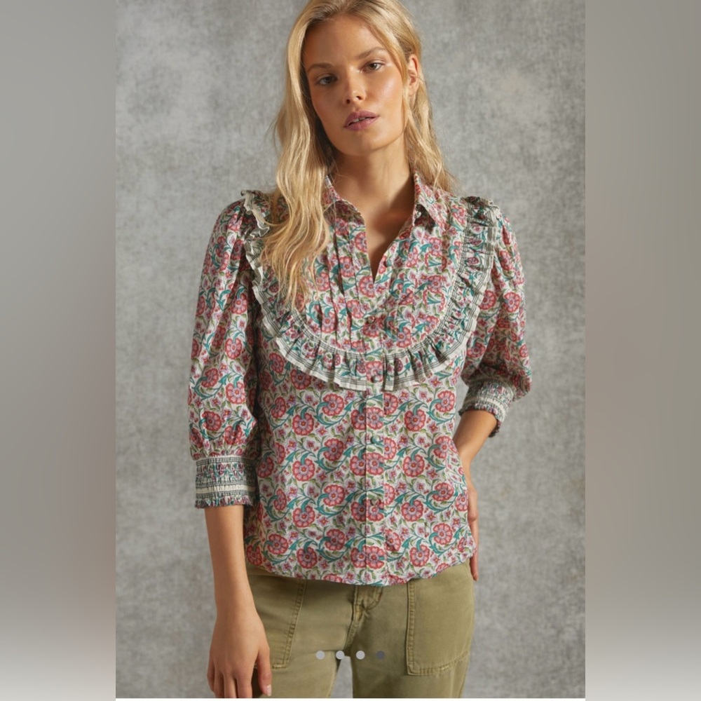 Antropologie Floral Ruffle Blouse - Pink and Gray M